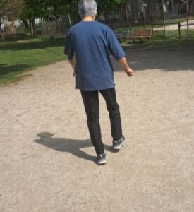 Person walking away on a sandy park path, wearing a blue shirt and dark pants, with trees and benches in the background.